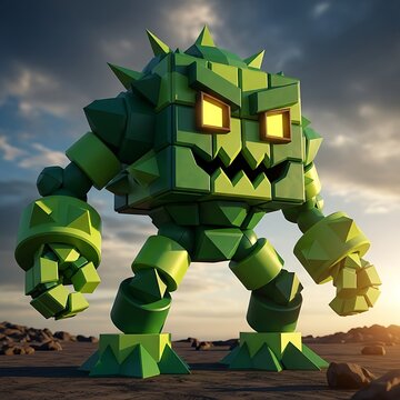 Fierce Blocky Green Monster Character in Desert Sunset.