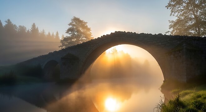 Sunlit stone bridge over misty water, soft dawn light filtering through trees