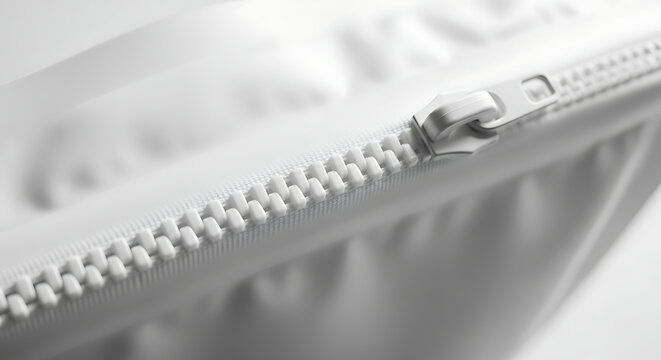 Close-up view of a silver zipper with teeth and a pull tab in the center