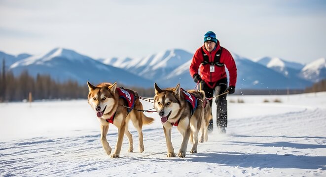 Musher Leading Dog Sled Team Across Snowy Mountain Trail.