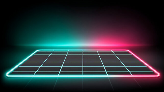 Glowing neon grid perspective floor with soft horizon light effect, perspective