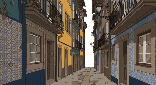 A narrow cobbled lane is flanked by colorful, old buildings with balconies and tiled facades