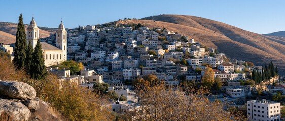 Obraz premium This image showcases a picturesque hillside village with stunning architecture set against a backdrop of rolling hills and clear blue skies, representing tranquility and beauty.