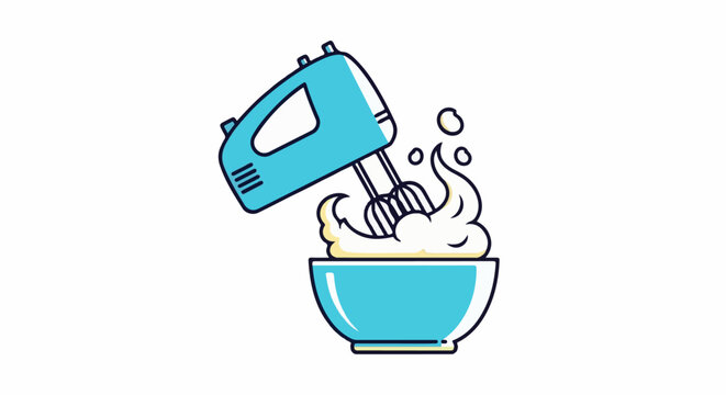 Hand mixer whipping cream in a bowl, creating fluffy peaks and bubbles