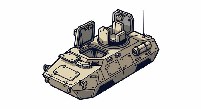 Stylized isometric illustration of a military armored vehicle with open hatches and a turret