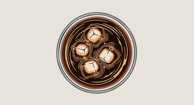 Close-up overhead view of a glass filled with dark beverage and ice cubes