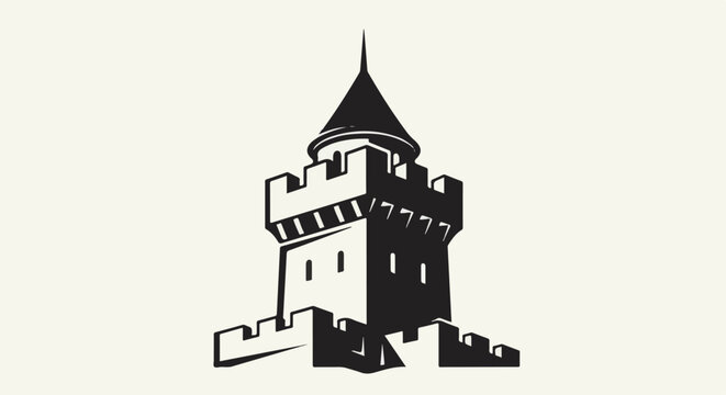 Black and white illustration of a castle tower with battlements and a pointed roof