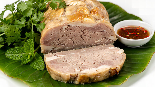 Vietnamese chicken loaf, also known as cha lua or gio lua chicken version, sliced to show texture, on a banana leaf with fresh herbs, dipping sauce