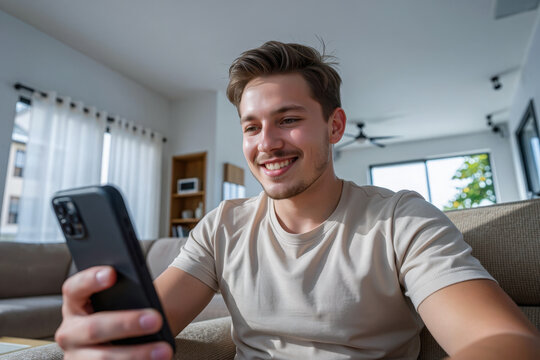 Happy man guy using smartphone at Home, smile and hold phone on he hand with internet technology use of shopping, search, chat, message at inddor living room with beautiful natural light