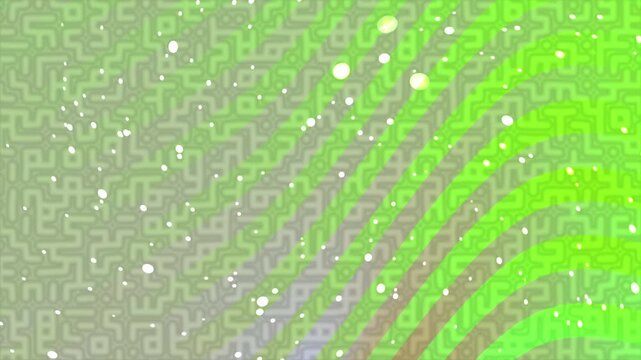 Abstract digital background with glowing green maze patterns and floating particles.