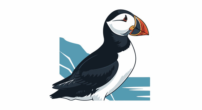 A stylized pixel art illustration of a puffin bird with a colorful beak on a white background