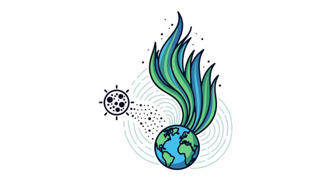 A stylized planet Earth with green and blue leafy growth erupts from it, facing a menacing germ-like entity