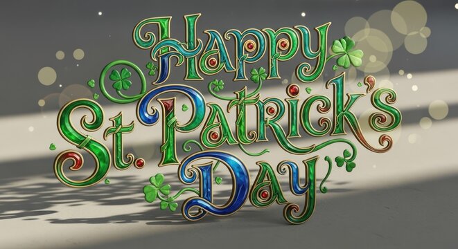 Happy St Patricks Day Festive Greeting with Green Ornate Typography.