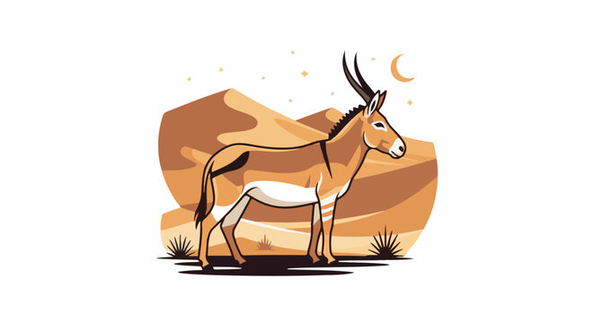 A stylized desert scene featuring a wild ass under a crescent moon and stars