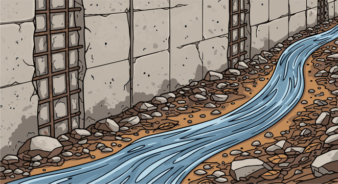 A narrow, winding blue stream flows alongside a rough concrete wall with visible metal reinforcement bars