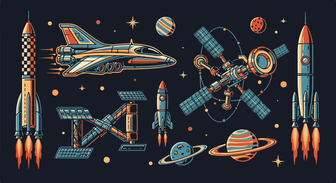 Retro pixel art collection of rockets, shuttles, space stations, and planets in a star-filled galaxy