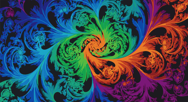 Vibrant swirling floral pattern in a spectrum of bold, saturated colors against a dark background