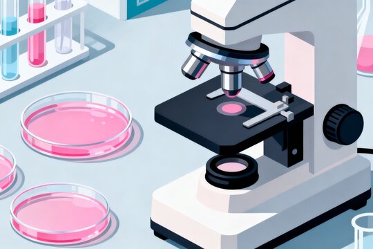 Laboratory microscope and petri dishes