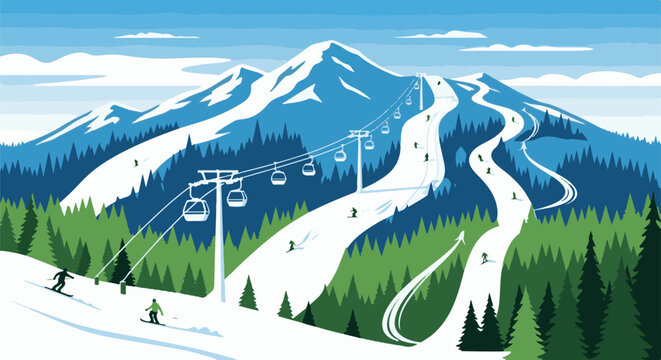 A stylized mountain ski resort scene with chairlifts carrying skiers up snow-covered slopes