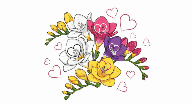 A vibrant bouquet of freesia flowers in white, yellow, pink, and purple, adorned with delicate heart outlines