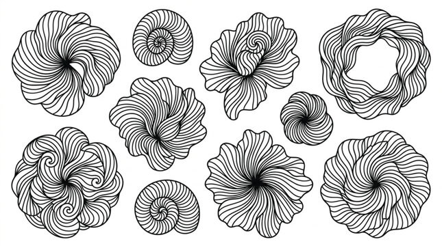 Abstract floral and spiral shell line art elements set with decorative swirling patterns for coloring pages