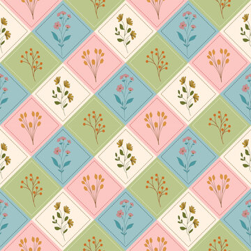Geometric pastel floral patchwork seamless pattern hand drawn botanical wildflowers diamond tiles