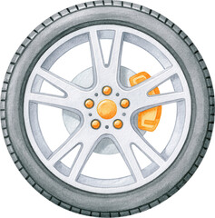 Obraz premium Simple watercolor illustration of a car wheel with tire and brake caliper isolated on transparent background.