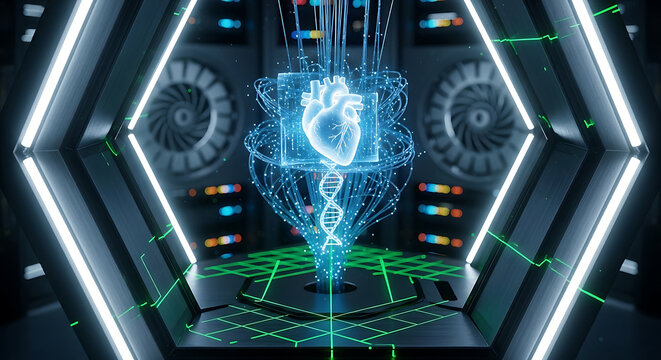 HIPAA Compliance and Medical Data Security featuring a Holographic Heart and DNA in a Futuristic Data Center for Patient Privacy and PHI Protection