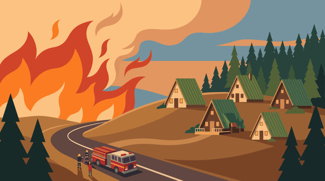 Wildfire approaching houses with fire truck responding