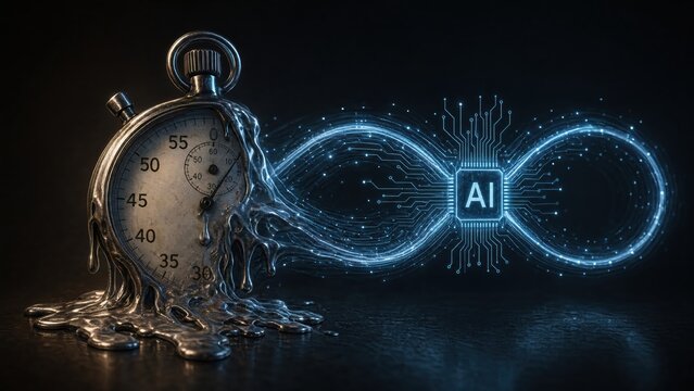 melting clock representing time and artificial intelligence concept with digital infinity symbol