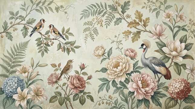 Vintage chinoiserie wallpaper mural featuring exotic birds, a crowned crane, and blooming peonies, hydrangeas, and roses on a textured pastel background for elegant home decor design.