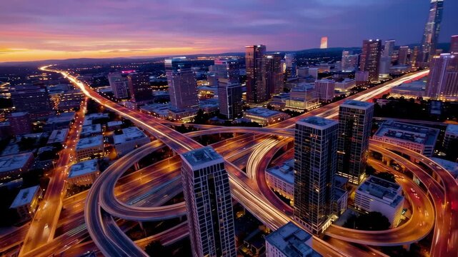 Aerial view of bustling city highway interchange at sunset with glowing skyscrapers and dynamic traffic light trails.