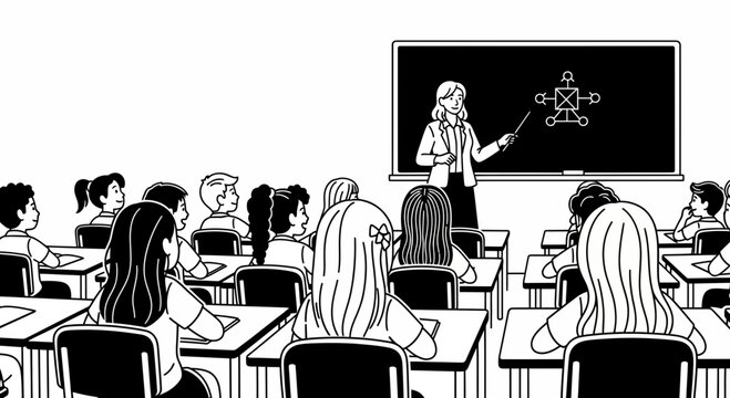 Teacher instructing students in a classroom, drawing on blackboard
