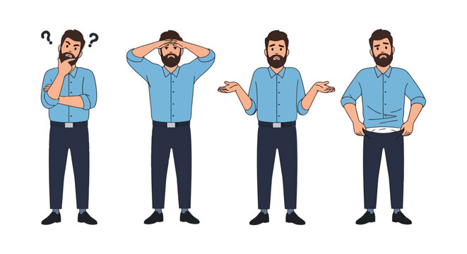 Confused and Pondering Man Vector Illustration Set.