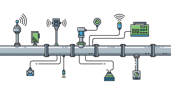 Smart irrigation pipeline system integrated with electronic sensors, wireless transmitters, and pressure gauges for water management.