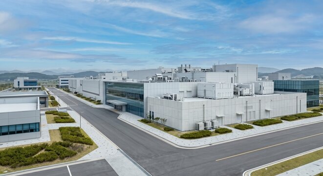 Aerial Exterior View of Modern Semiconductor Fabrication Plant and Industrial Complex