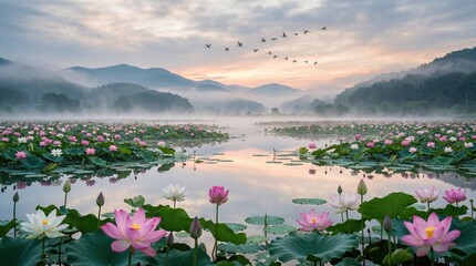 Naklejka premium Serene sunrise over a misty lotus pond surrounded by foggy mountains as flying birds soar through a pastel dawn sky, perfect for wellness, meditation, and oriental nature concepts.