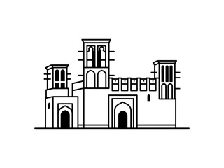 Naklejka premium A clean black and white line art vector of a historical Middle Eastern building featuring traditional wind towers, arches, and crenelated walls.