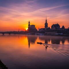 Obraz premium Sunrise paints a cityscape reflecting in misty river; boats glide past historic buildings