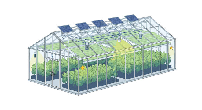 Large glass greenhouse equipped with roof-mounted solar panels to provide renewable energy for interior plant cultivation and light.