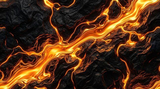 Molten golden lava veins flowing through dark textured volcanic stone, abstract luxury background with high contrast, dramatic glowing light, perfect for premium digital designs.