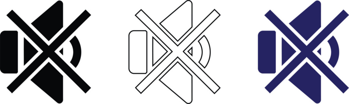 Mute Speaker Icons Set, Vector Sound Off Symbols for Volume Control, Silent Mode and Multimedia UI Graphic Design Template