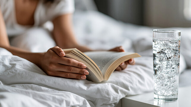 Close-up of young woman's hands holding open paperback book resting on soft white linen duvet in bright cool bedroom interior, only hands forearms and book visible, fresh cotton du
