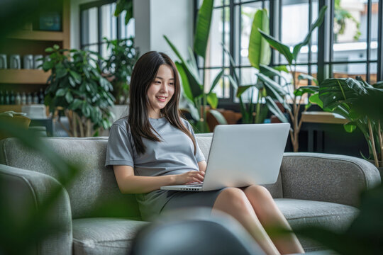 woman working on laptop surrounded by plants, bright indoor garden space