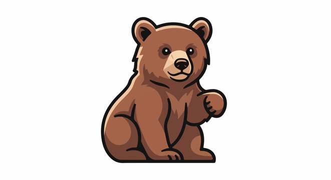 Adorable cartoon brown bear sits with paw raised in a friendly wave