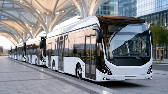 A wide view of soft modern electric buses lines up at a calm bright modern transit hub in natural daylight, transit hub, faceless wide view, sunny outdoors, daylight workspace, sof