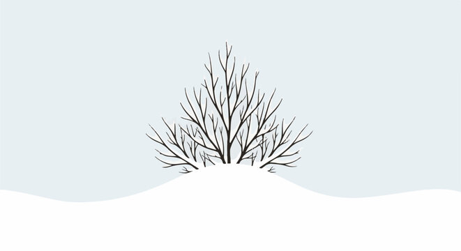 A stark, bare tree covered in snow stands on a snowy mound against a pale blue sky