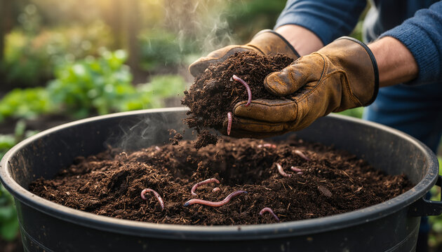 Detailed close-up of farmer hands in brown leather gloves holding rich dark steaming compost soil with live pink earthworms over a black plastic recycling bin