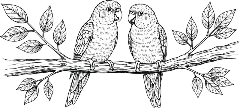 Two quaker parrots perched on a branch black and white illustration