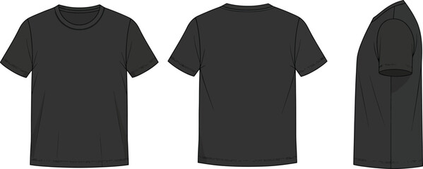 Dark gray crew neck t shirt technical illustration front back and side views © MD Rubel